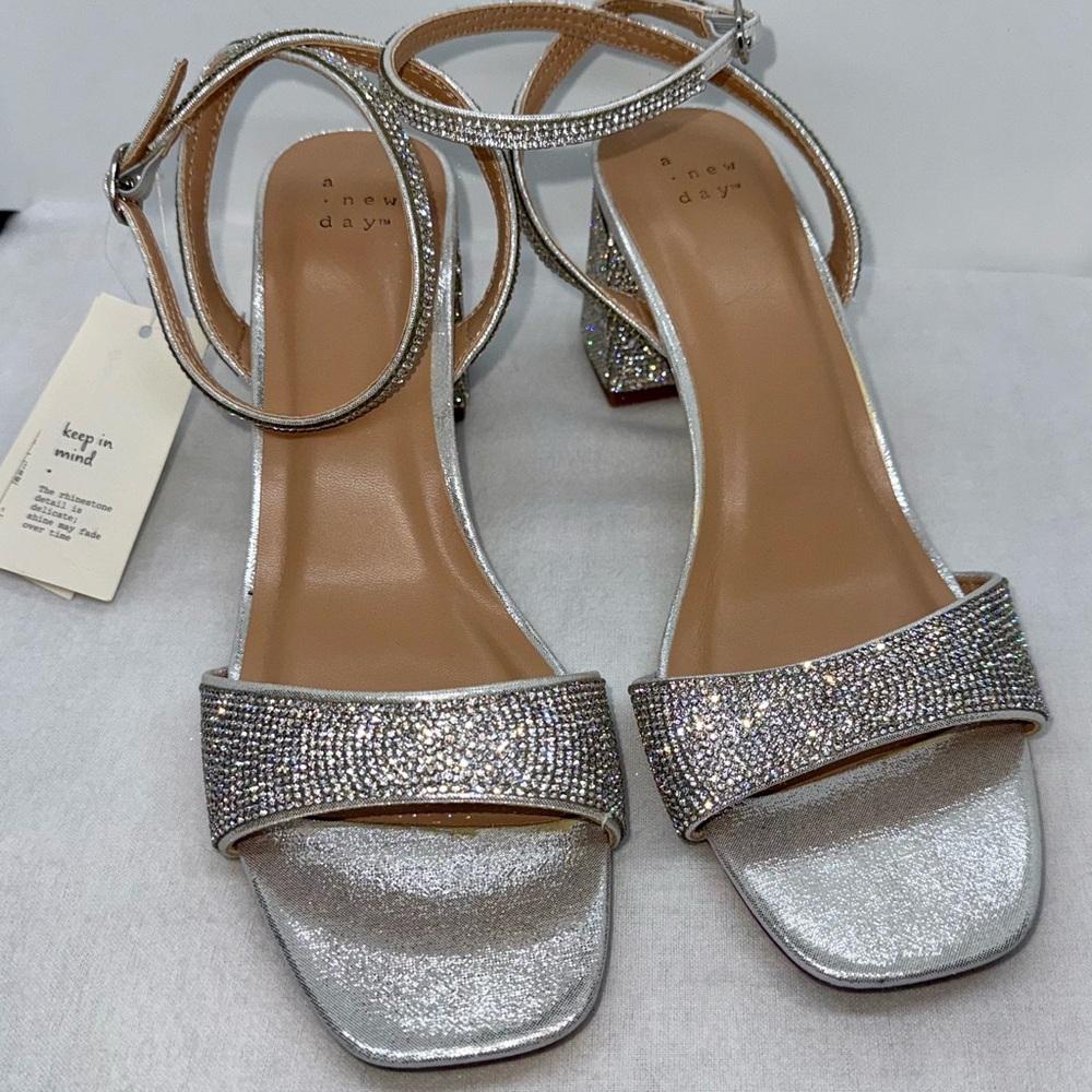 A New Day Showstopper Rhinestone Silver Sandals Block Heels Disco Party